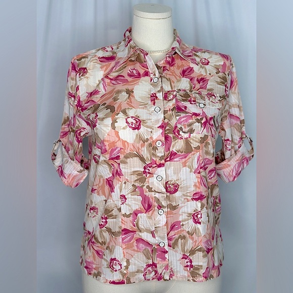 Karen Scott Pink Floral Button Down Shirt with Notched Collar(829) - Picture 10 of 14